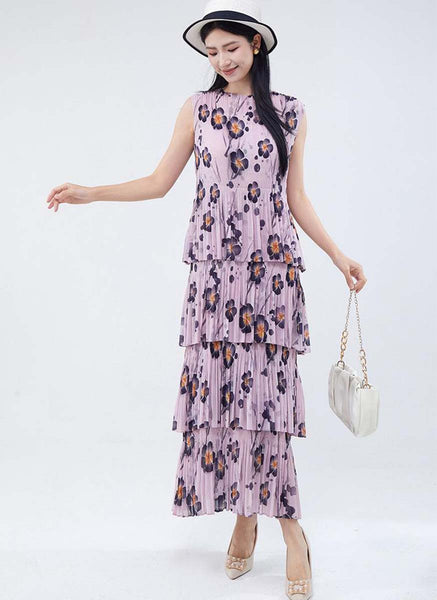 3250019 Round Neck Floral Ruffles Pleated Dress *Pink