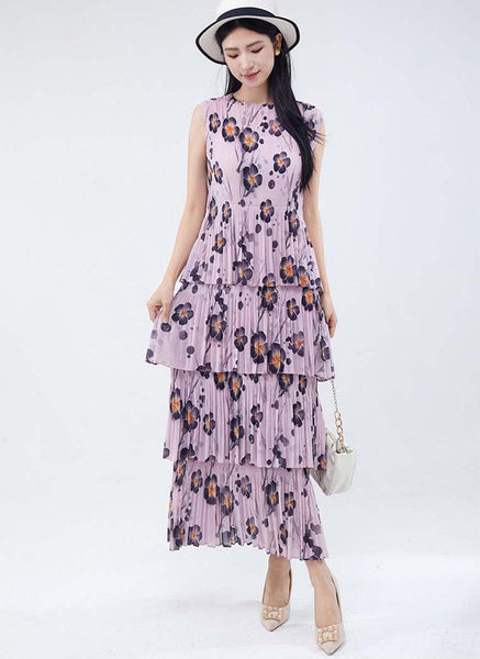 3250019 Round Neck Floral Ruffles Pleated Dress *Pink