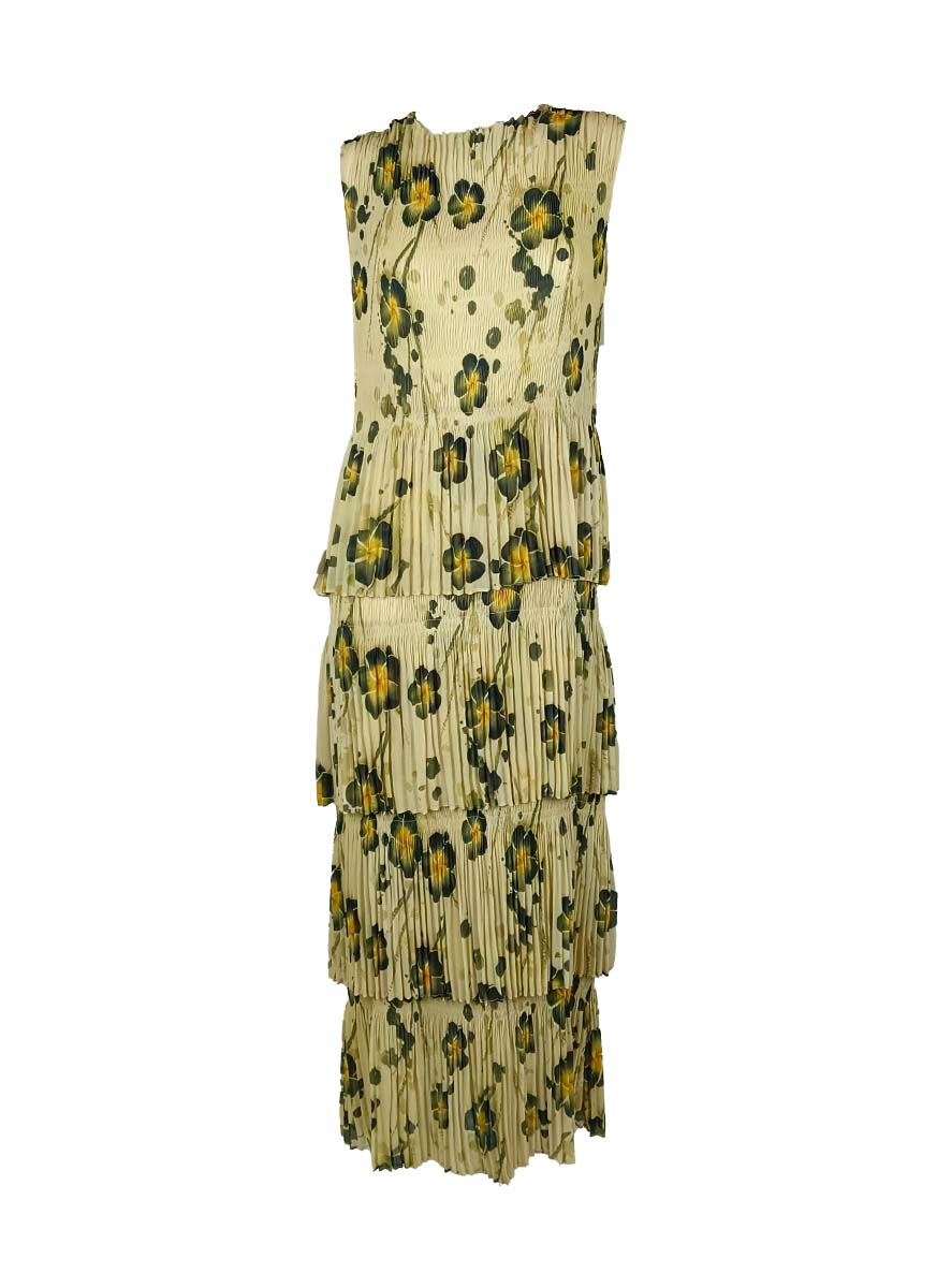 3250019 Round Neck Floral Ruffles Pleated Dress *Yellow