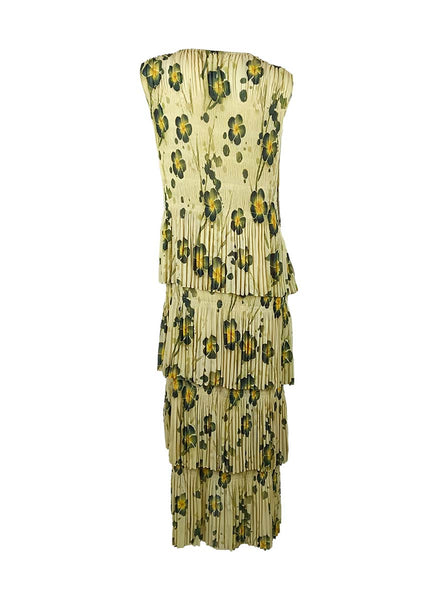 3250019 Round Neck Floral Ruffles Pleated Dress *Yellow