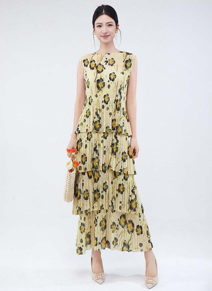 3250019 Round Neck Floral Ruffles Pleated Dress *Yellow