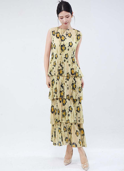 3250019 Round Neck Floral Ruffles Pleated Dress *Yellow