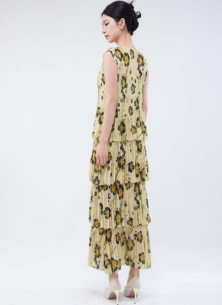 3250019 Round Neck Floral Ruffles Pleated Dress *Yellow