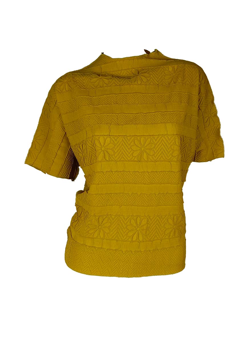 3250025 Round Neck Short Sleeved Pleats Top *Yellow