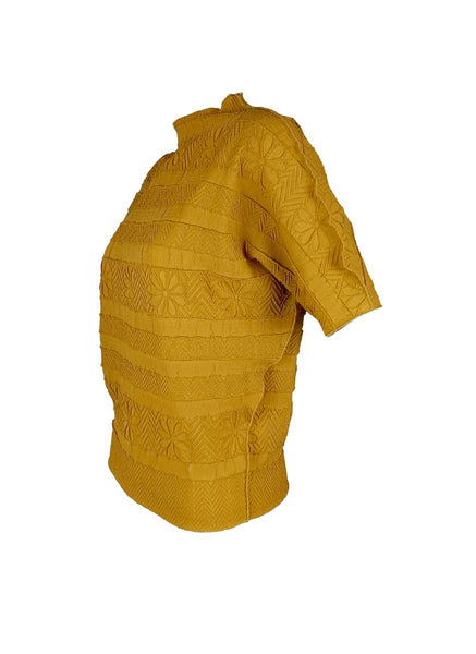 3250025 Round Neck Short Sleeved Pleats Top *Yellow