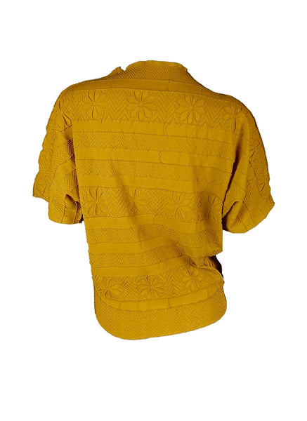 3250025 Round Neck Short Sleeved Pleats Top *Yellow