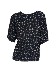 3250029 Round Neck Printed Pleats Top *Black
