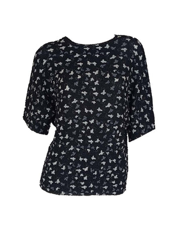 3250029 Round Neck Printed Pleats Top *Black