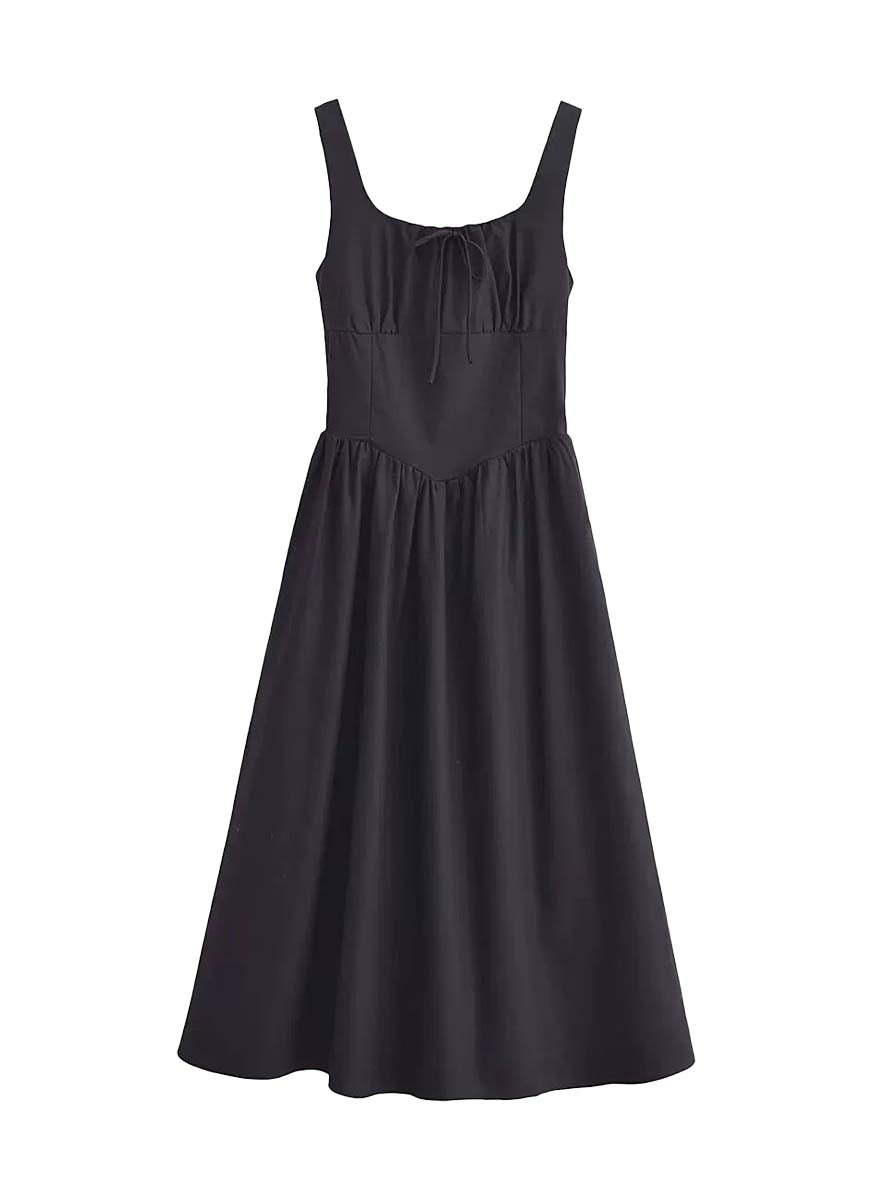 3250034 Square Neck Linen Flare Dress *Black