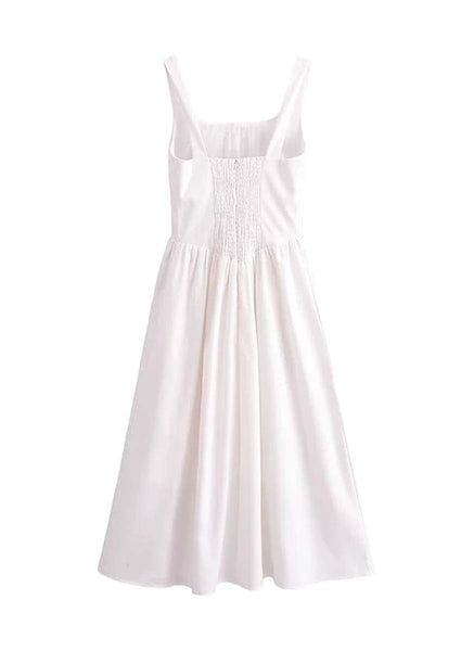 3250034 Square Neck Linen Flare Dress *White