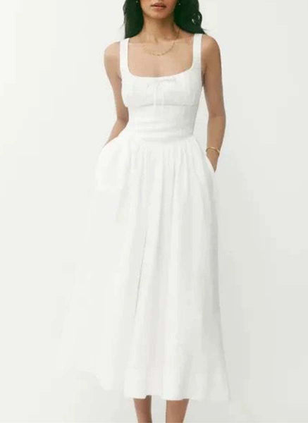 3250034 Square Neck Linen Flare Dress *White