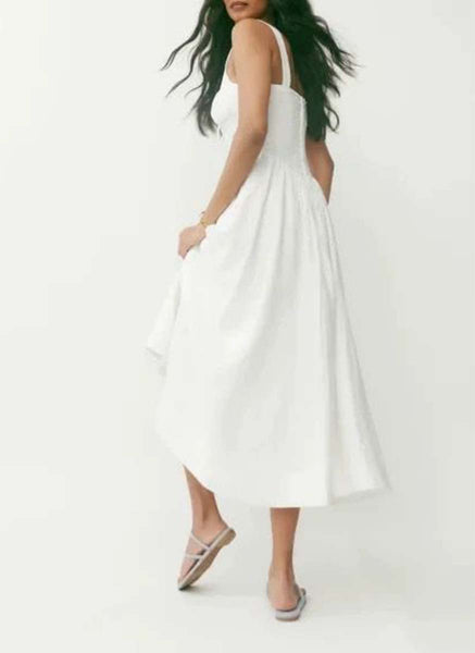 3250034 Square Neck Linen Flare Dress *White