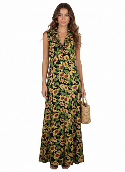 Sunflower Printed Sleeveless Long Dress