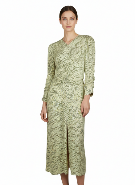 Printed Gathered Long Sleeve Midi Dress