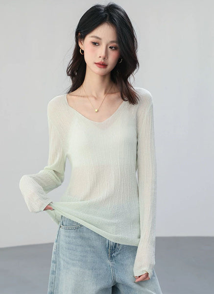 3250044 V-Neck Long Sleeve Knitted Top *Light Green