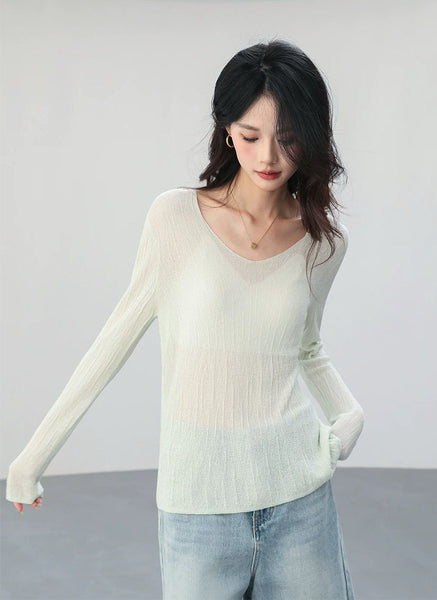 3250044 V-Neck Long Sleeve Knitted Top *Light Green