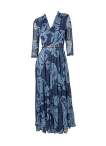 3250048 Prints Belted Flare Mesh Dress *Blue