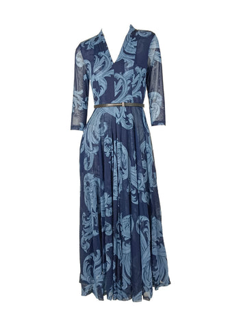3250048 Prints Belted Flare Mesh Dress *Blue