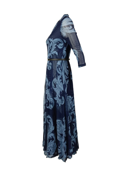 3250048 Prints Belted Flare Mesh Dress *Blue