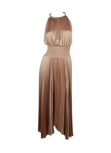 3250051 Halter Neck Tight Waist Pleated Dress *Beige