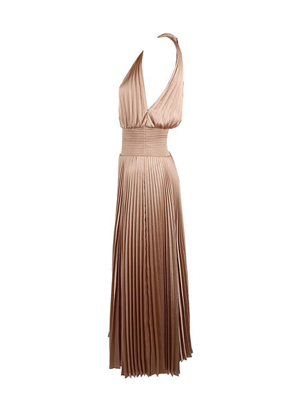 3250051 Halter Neck Tight Waist Pleated Dress *Beige