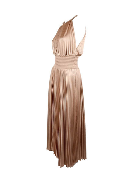 3250051 Halter Neck Tight Waist Pleated Dress *Beige