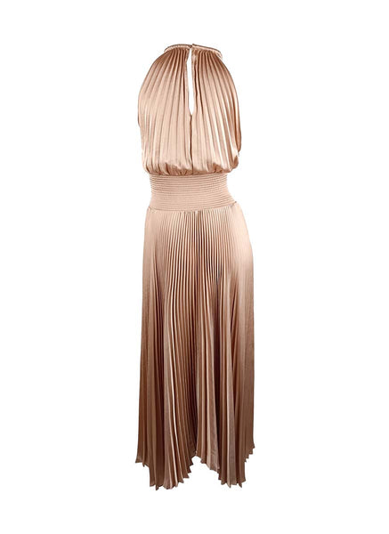 3250051 Halter Neck Tight Waist Pleated Dress *Beige