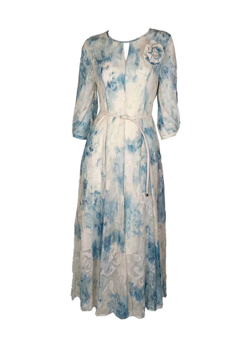3250052 Flower Brooch Belted Flare Silk Dress