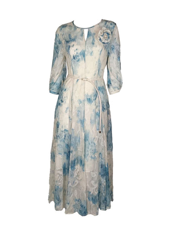 3250052 Flower Brooch Belted Flare Silk Dress
