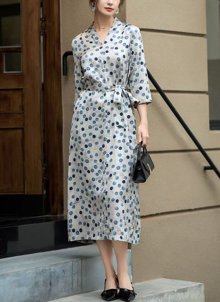 3250057 Polka Dot Belted Dress *Blue