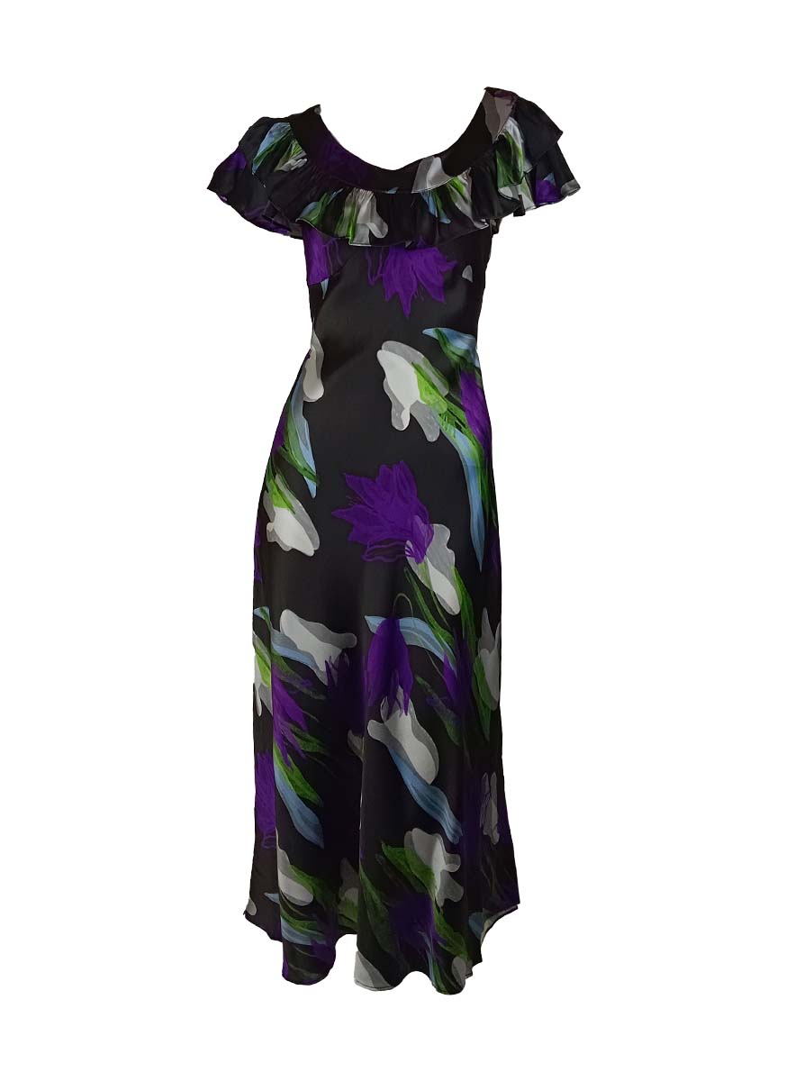 3250061 Floral Printed Double Collar Silk Dress
