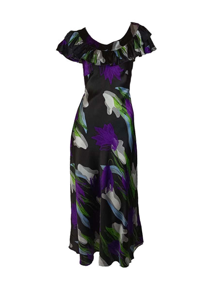 3250061 Floral Printed Double Collar Silk Dress