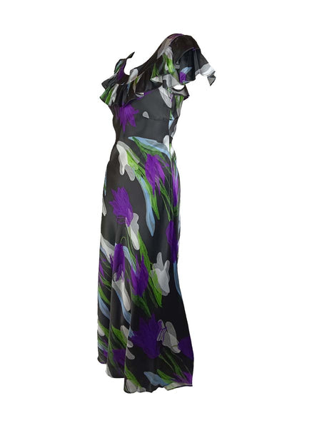 3250061 Floral Printed Double Collar Silk Dress