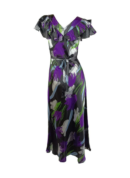 3250061 Floral Printed Double Collar Silk Dress
