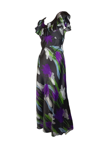 3250061 Floral Printed Double Collar Silk Dress