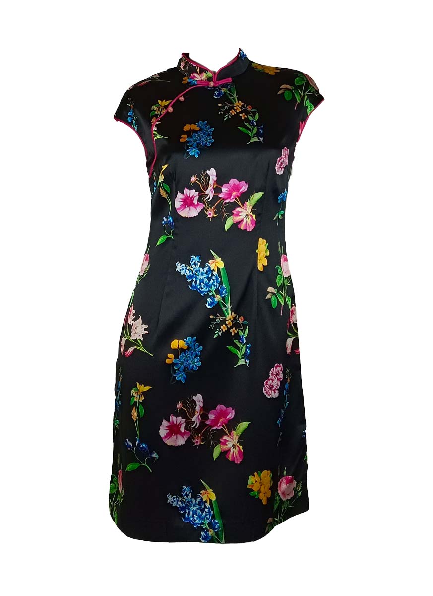 3250062 Mandarin Collar Short Sleeved Silk Dress