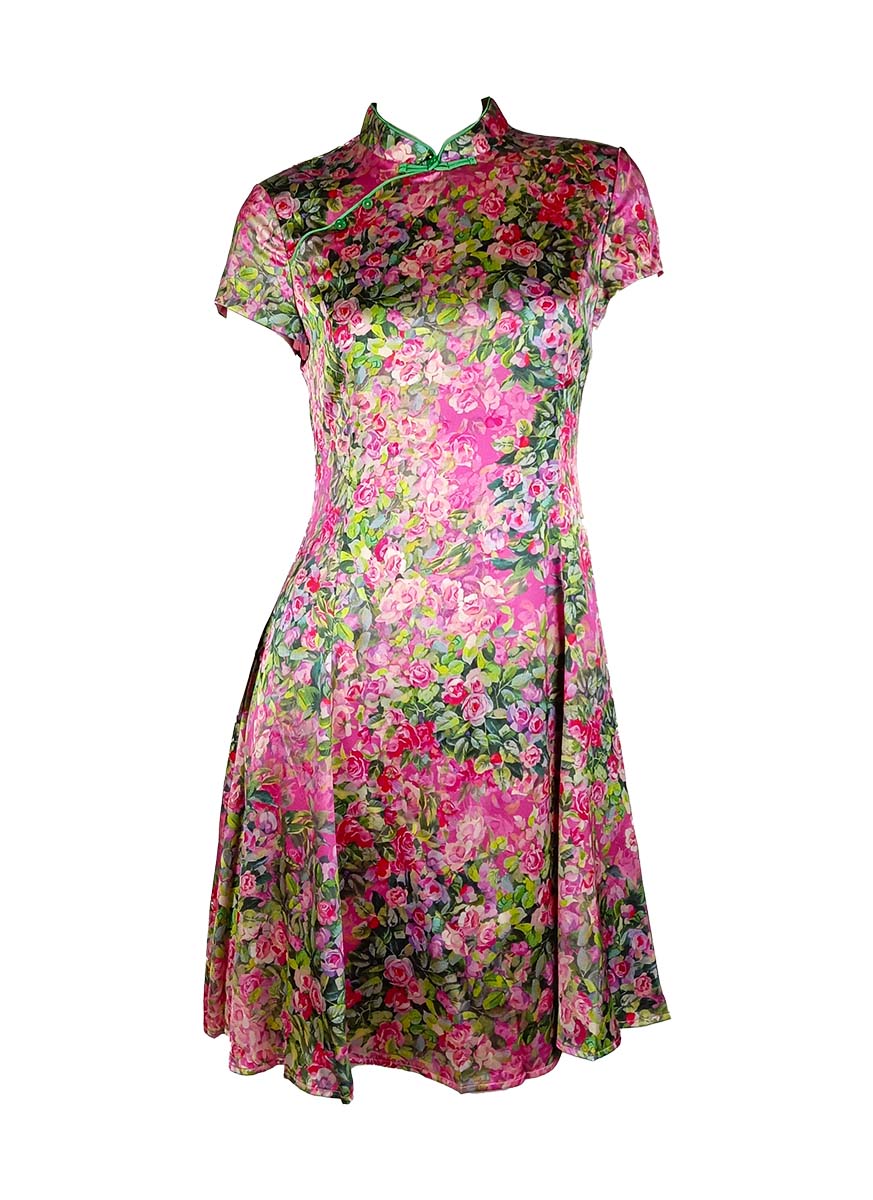 3250066 Mandarin Collar Floral Printed Flare Dress