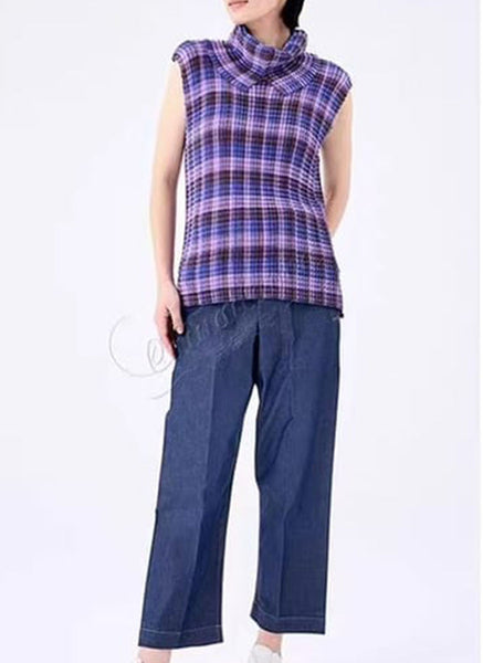 3250082 Outer High Collar Sleeveless Pleats Top *Purple  *Preorder