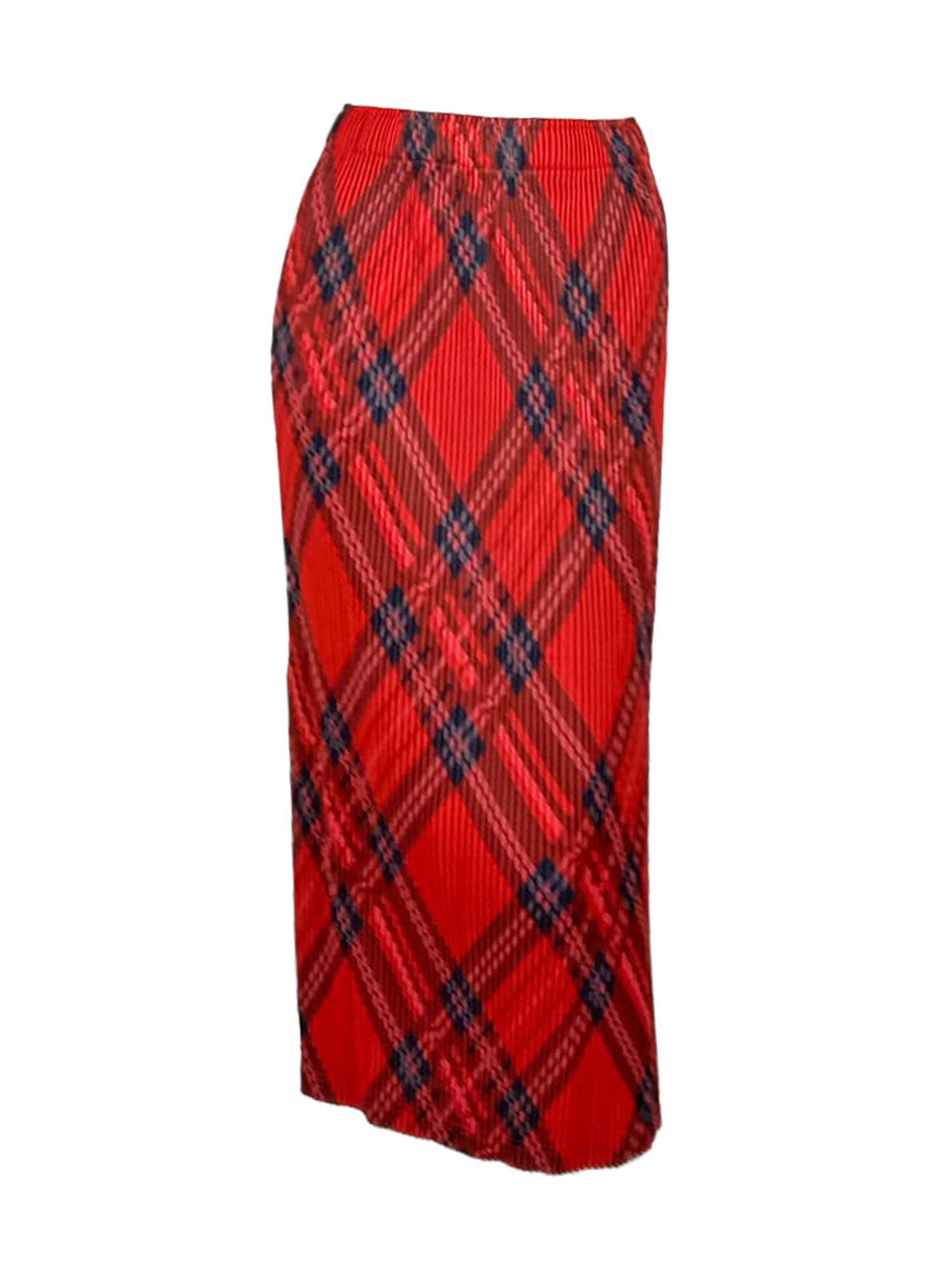 3250087 Plaid Pattern Pleated Skirt *Red & Orange