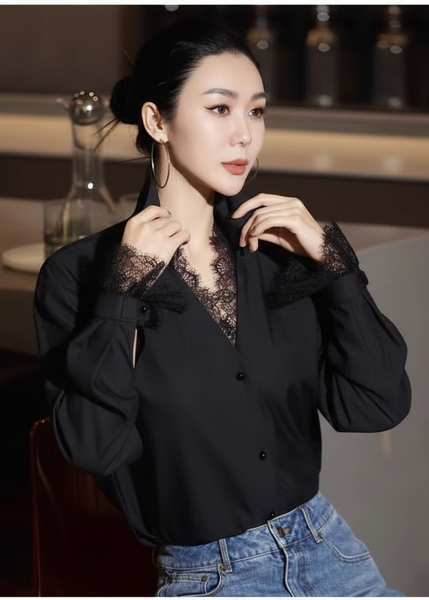 Classic Lace-trim Button Blouse