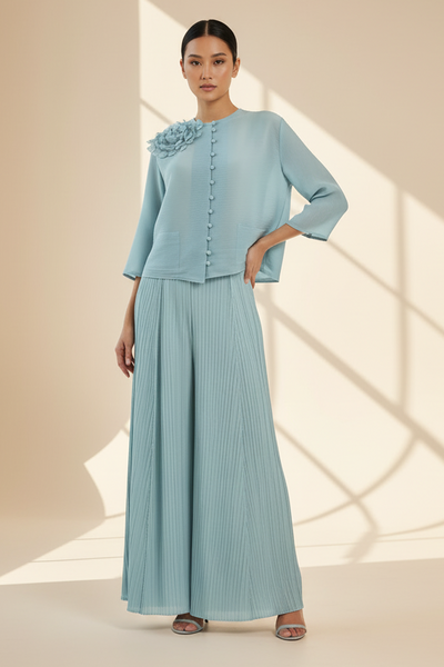 Cardigan Style Jacket & Pants Pleated Set