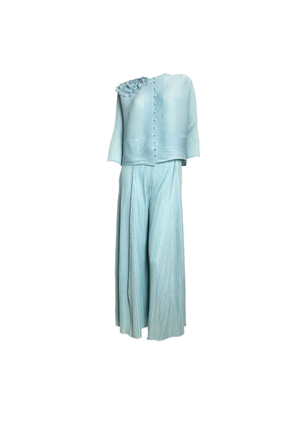 Cardigan Style Jacket & Pants Pleated Set