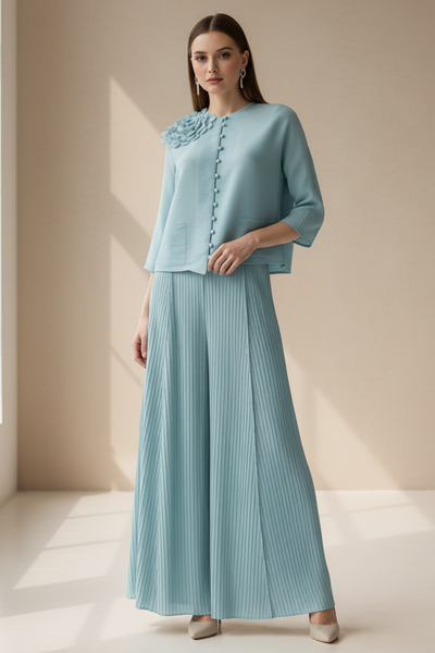 Cardigan Style Jacket & Pants Pleated Set