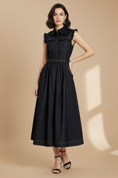 Ruffled Belted Denim Dress