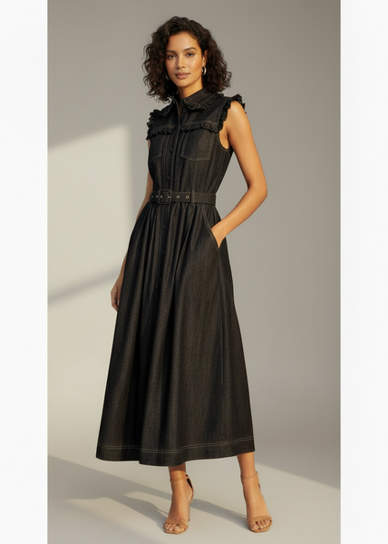 Ruffled Belted Denim Dress