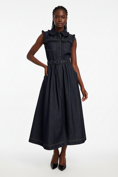 Ruffled Belted Denim Dress