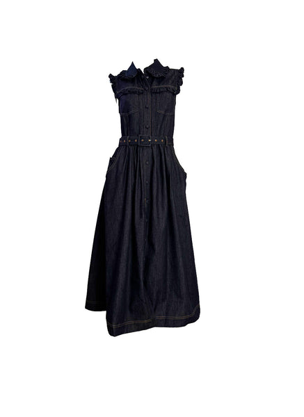 Ruffled Belted Denim Dress
