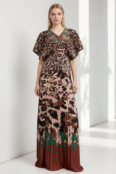 V-neckline Top & Maxi Print Skirt Set