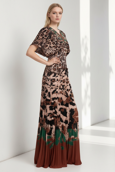 V-neckline Top & Maxi Print Skirt Set
