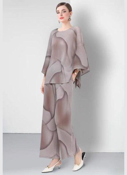 4250005 Tie-Die Bat Sleeved Pleats Top & Pants Set *Preorder